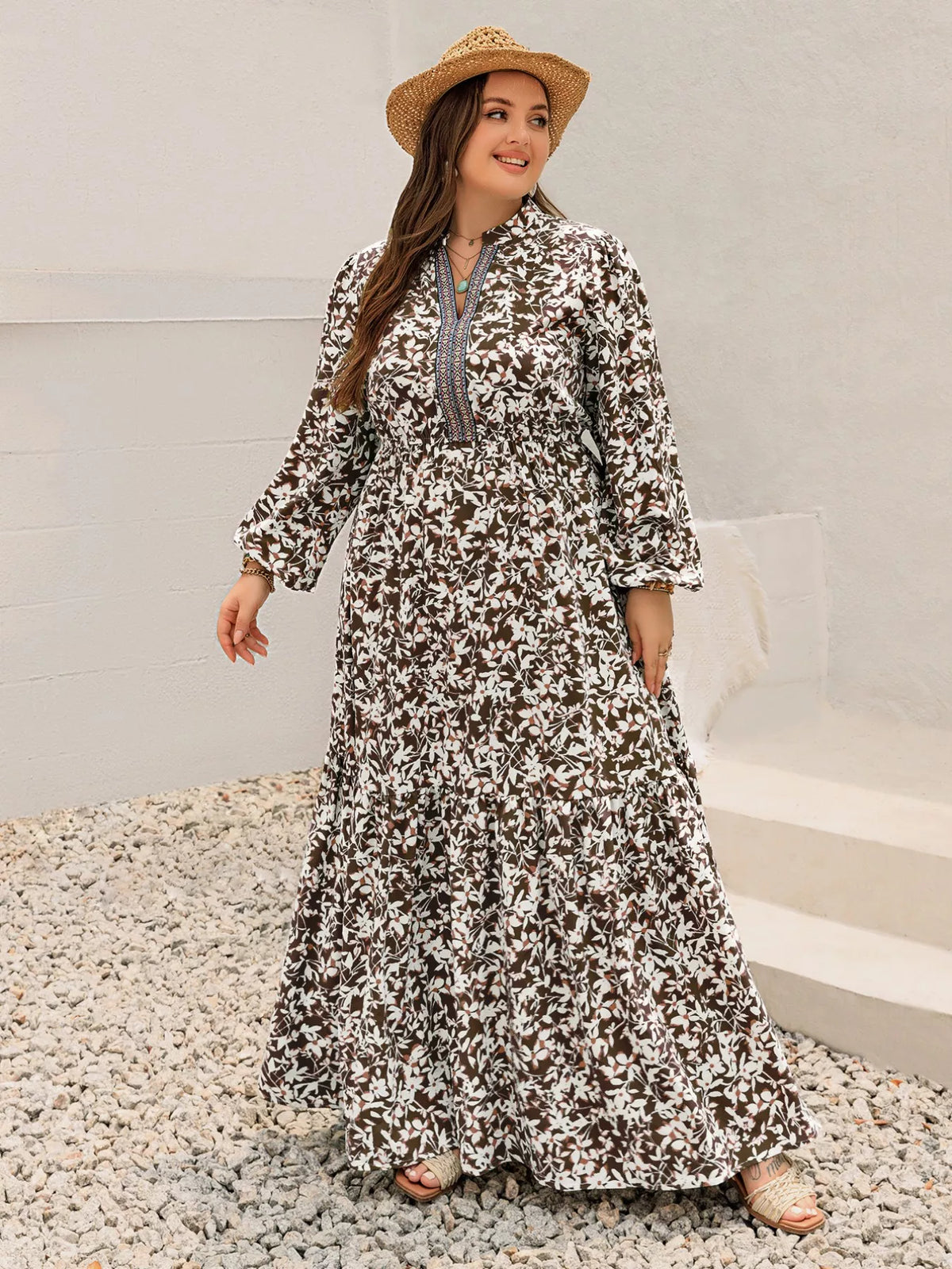 Plus Size Floral Print Long Sleeve Maxi Dress Coffee Brown OutfitFlow
