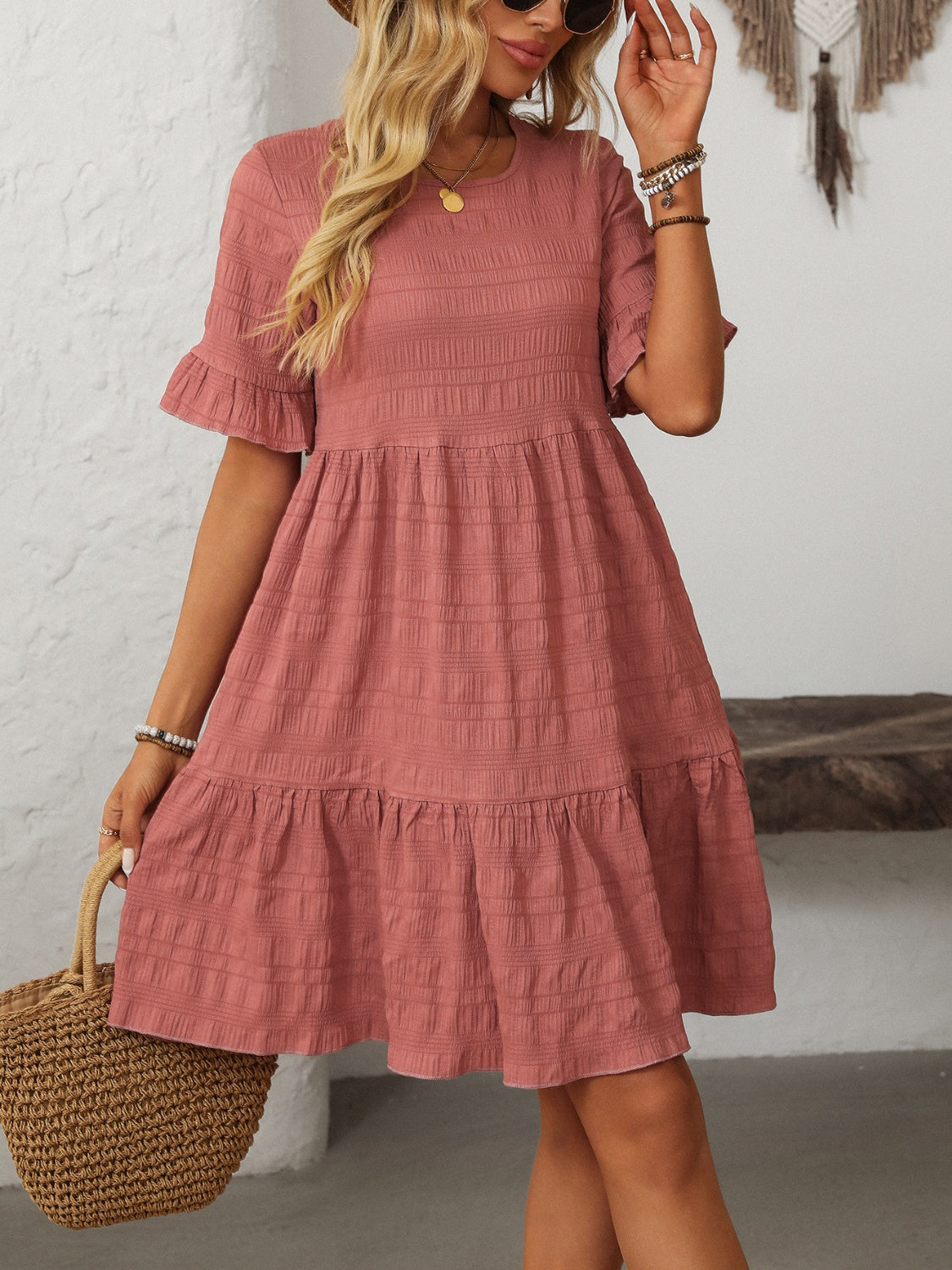 Outfit Flow - Mandy Ruffled Ruched Round Neck Half Sleeve Dress