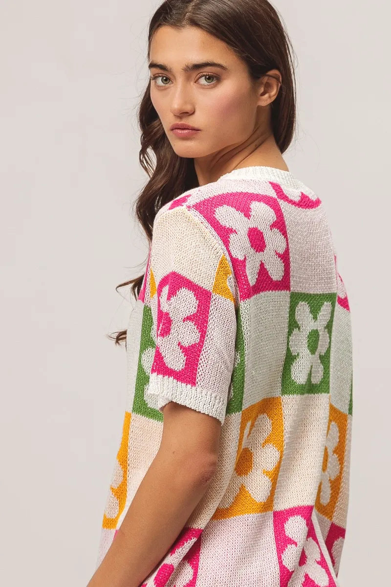 BiBi Flower Checker Pattern Lightweight Sweater Top OutfitFlow