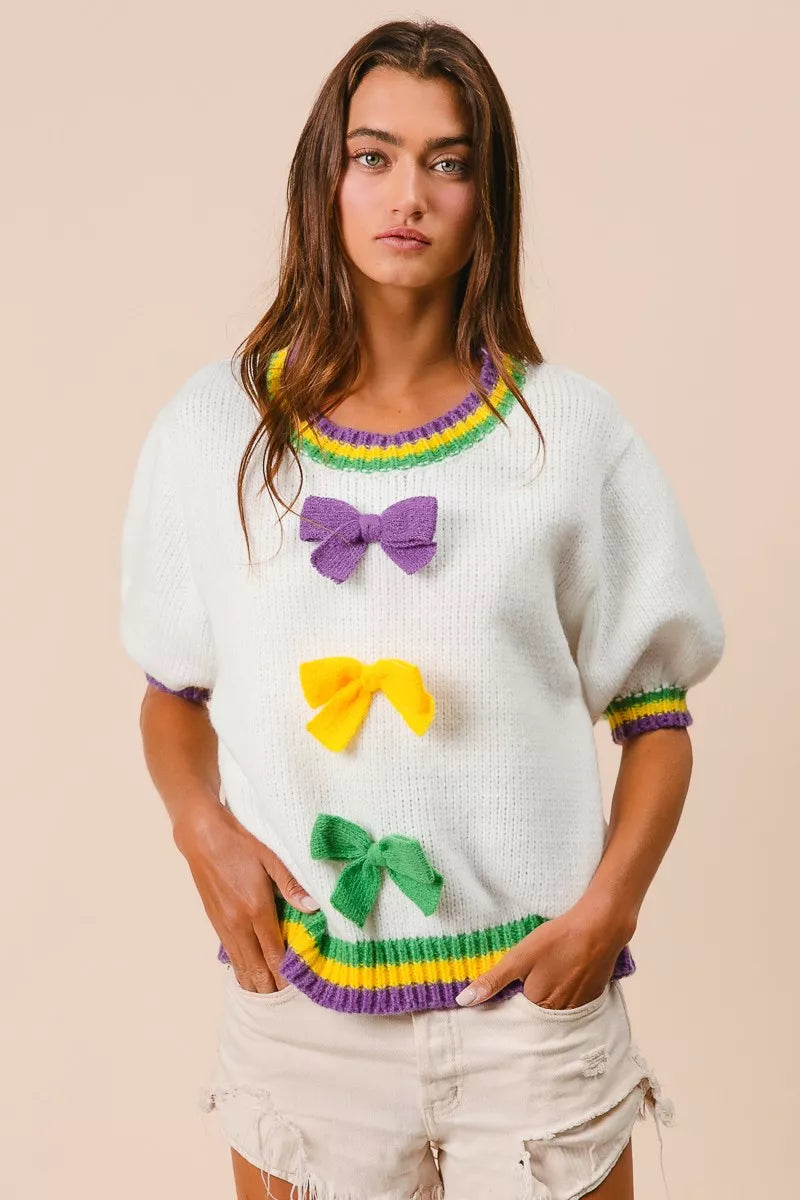 BiBi Short Puff Sleeve Ribbon Bow Mardi Gras Sweater OutfitFlow