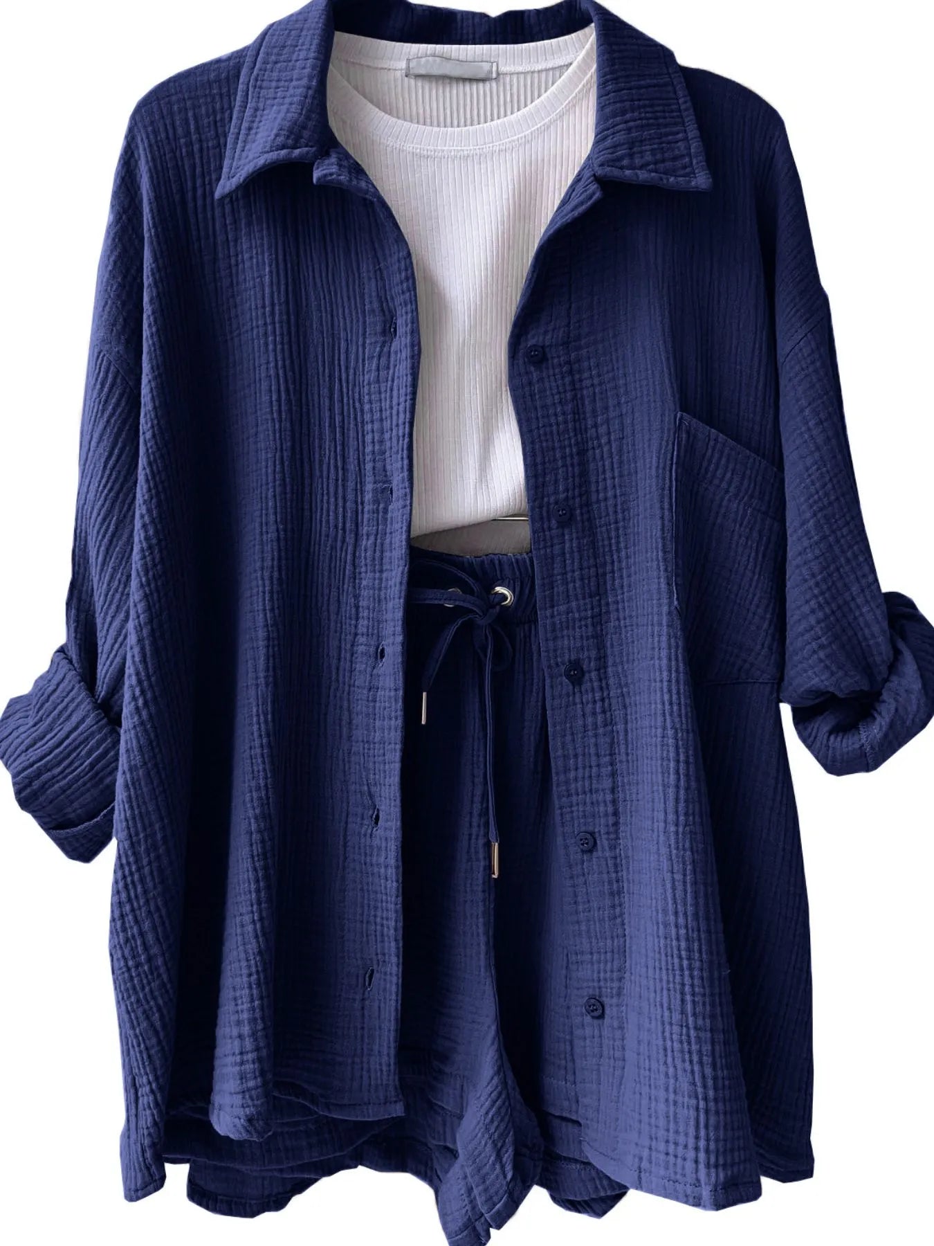 Textured Button Up Shirt and Shorts Set Navy Blue OutfitFlow