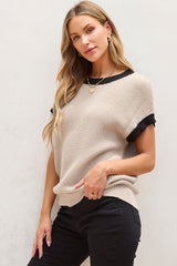 Outfit Flow - Contrast Trim Round Neck Cap Sleeve Knit Top