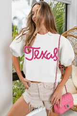 BiBi Metallic Letter Short Puff Sleeve Hairy Sweater IVORY OutfitFlow