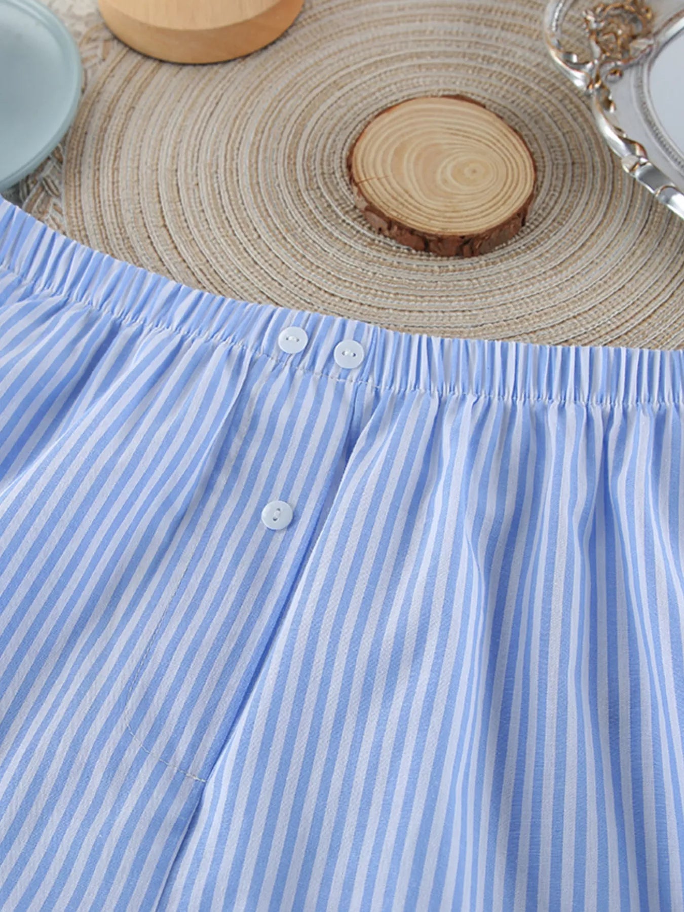 Striped Button Up Shirt and Shorts Lounge Set OutfitFlow