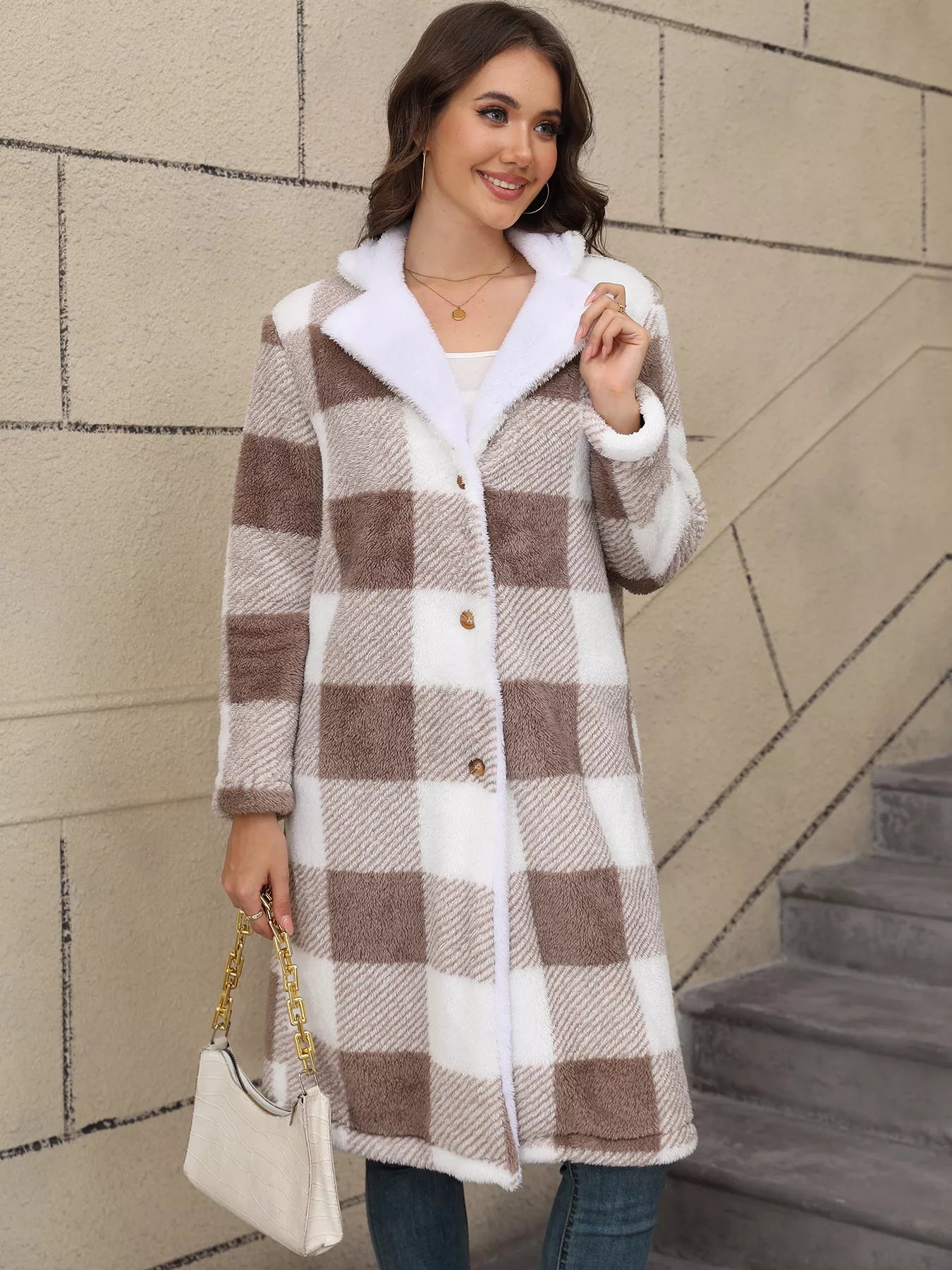 Cozy Plaid Fleece Longline Winter Coat OutfitFlow