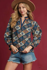 Umgee Abstract Print Ruffle Neck Top NAVY MIX OutfitFlow