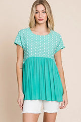 Lime 'N' Chili Full Size Embroidered Short Sleeve Pleated Babydoll Top Plus Size OutfitFlow