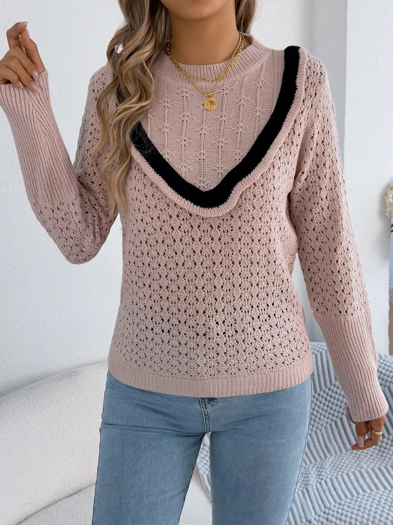 Hollow-Out Knit Top with Contrast Trim OutfitFlow