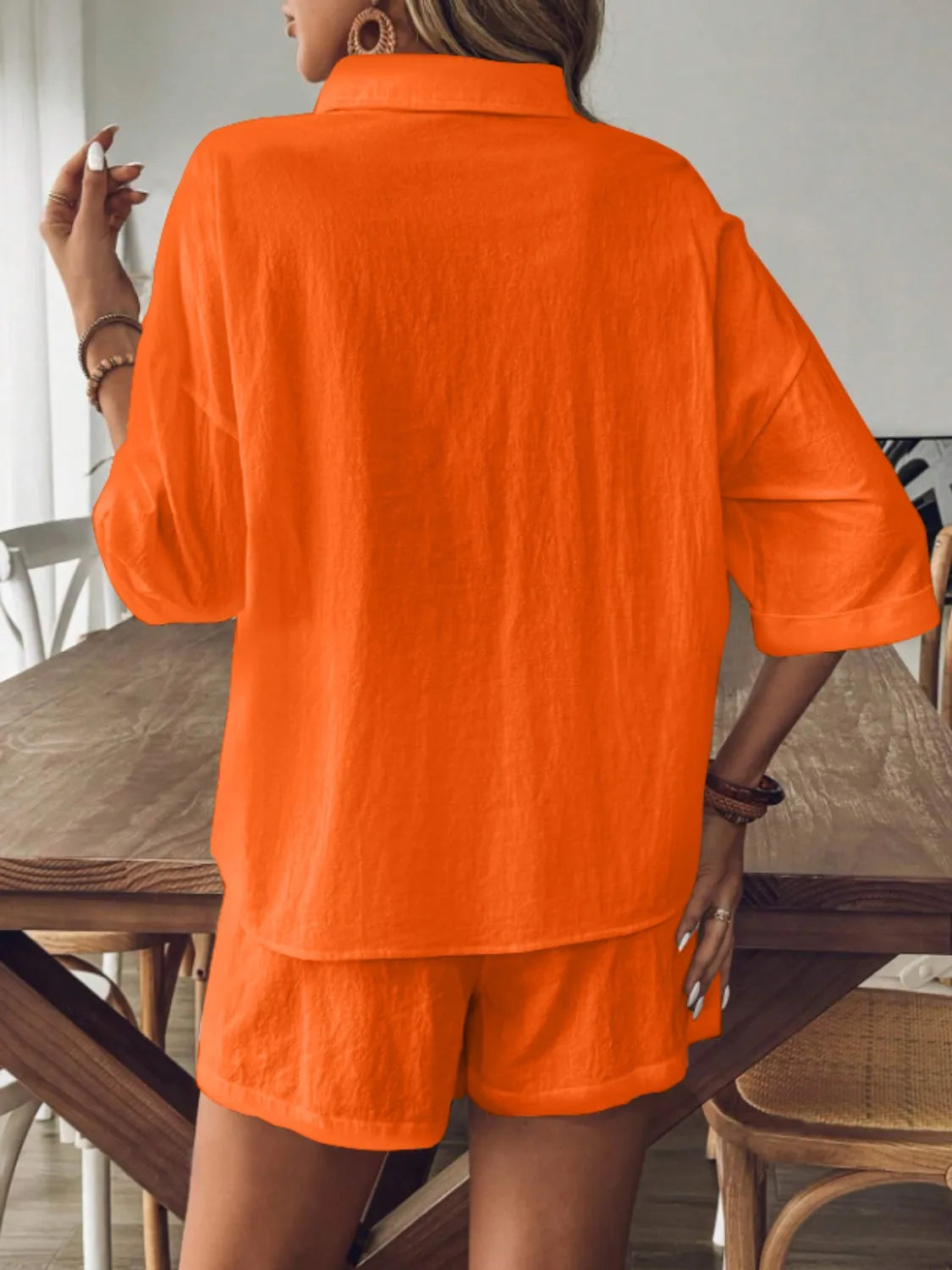 Collared Neck Half Sleeve Top and Shorts Set OutfitFlow