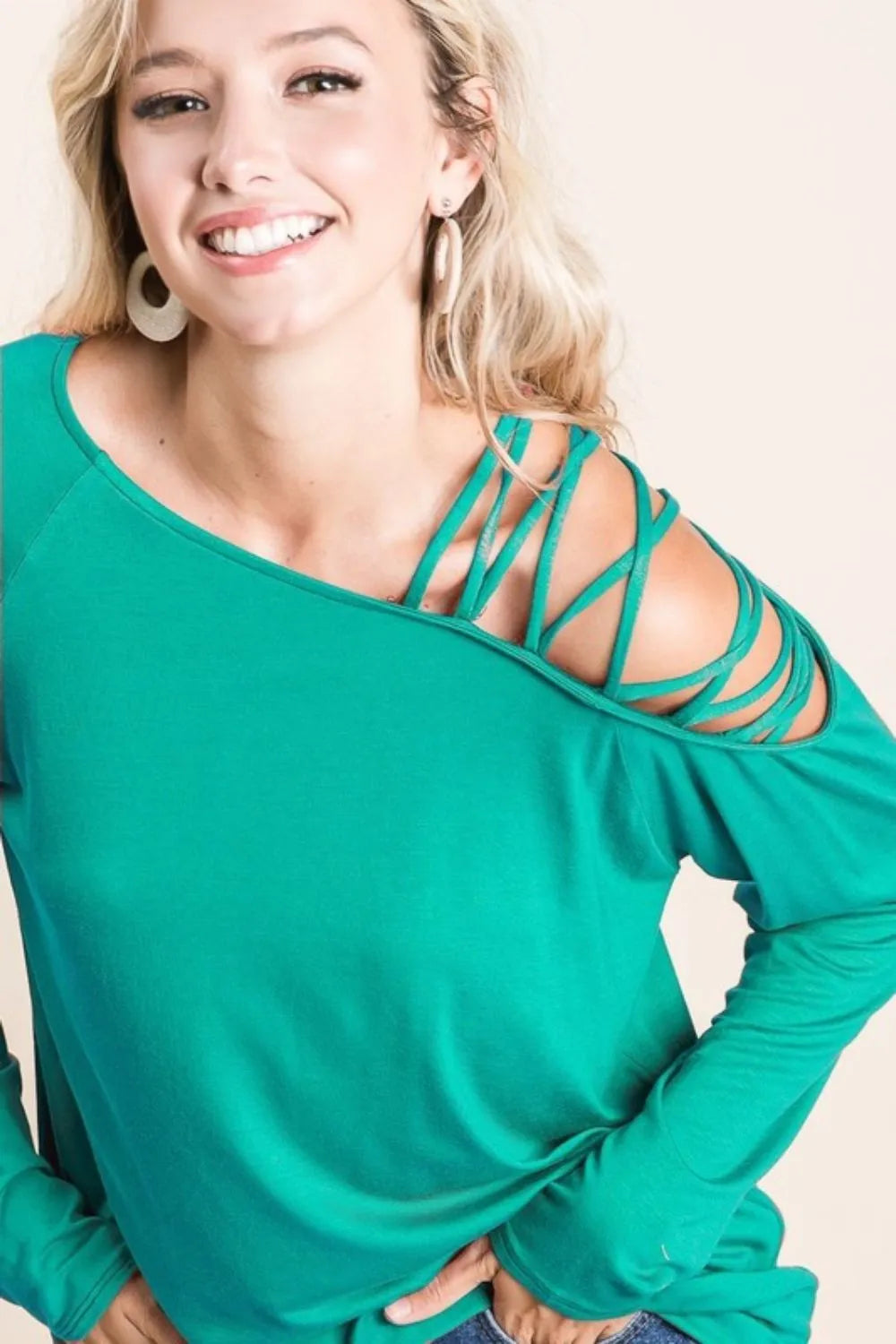 BiBi Jersey Knit One Shoulder Top with Criss Cross TEAL GREEN OutfitFlow