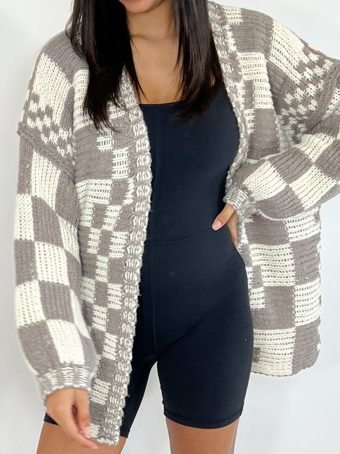 Outfit Flow - Checkered Open Front Long Sleeve Cardigan