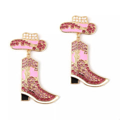 Rhinestone Cowboy Boot Dangle Earrings Rose Red onesize OutfitFlow