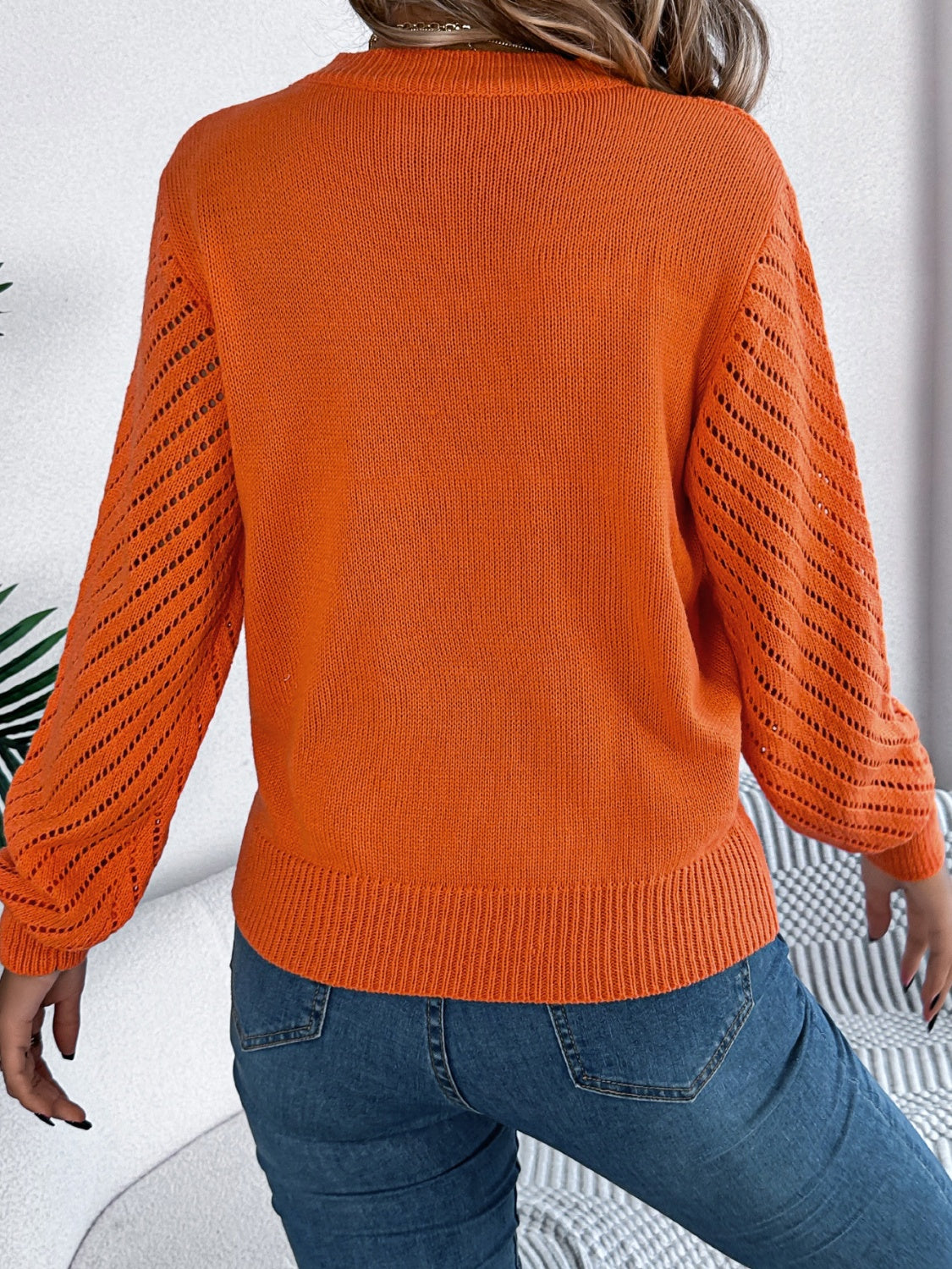 Outfit Flow - Openwork Round Neck Long Sleeve Knit Top