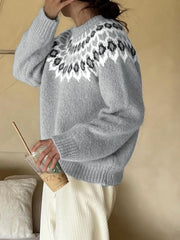 Nordic Fair Isle Pattern Round Neck Sweater OutfitFlow