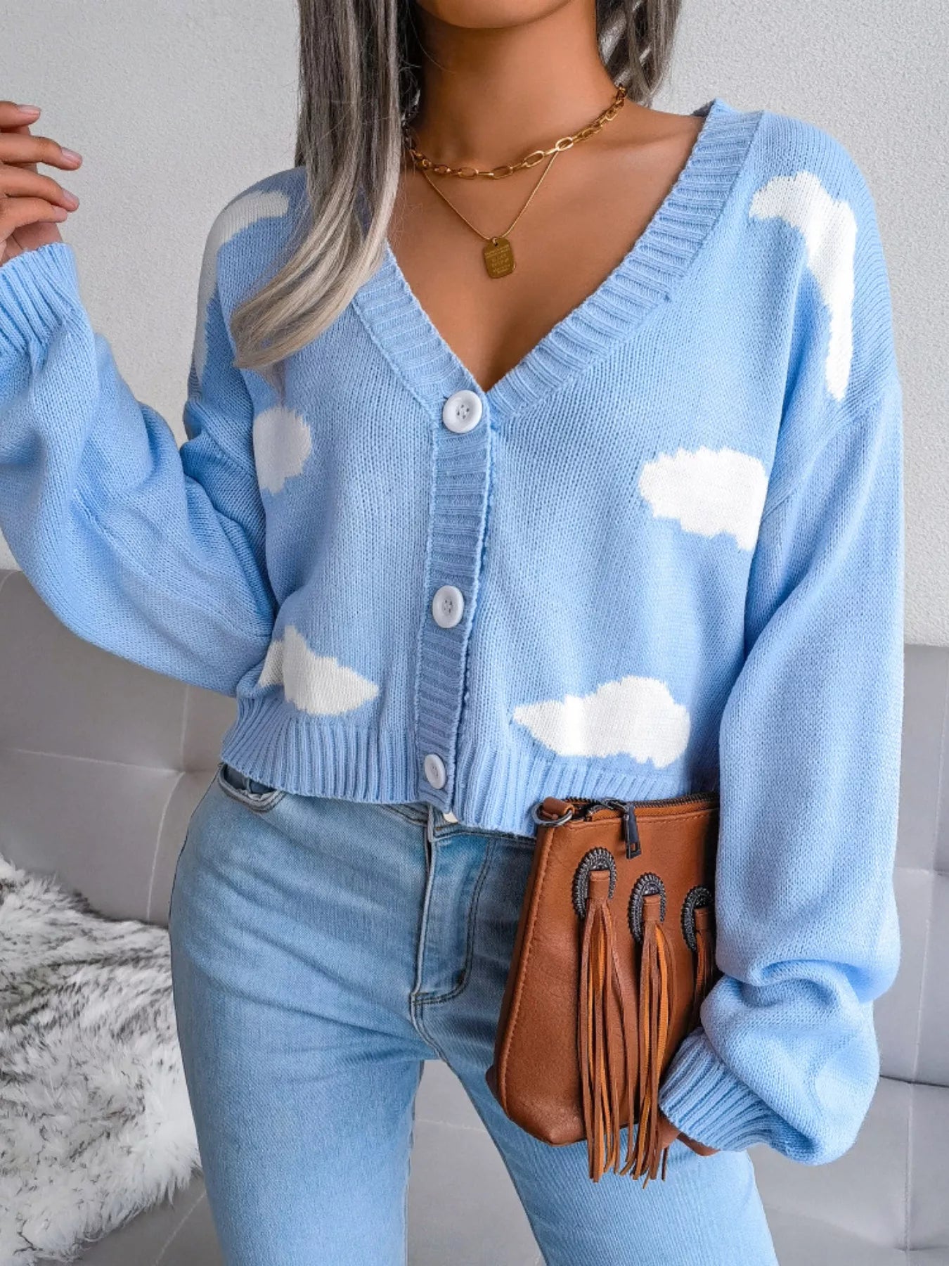 Cloud Pattern Button-Up Cropped Cardigan OutfitFlow