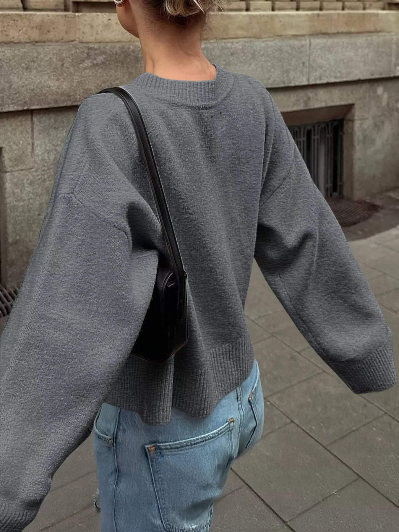 Ribbed Round Neck Dropped Shoulder Sweater OutfitFlow