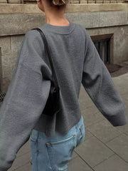 Ribbed Round Neck Dropped Shoulder Sweater OutfitFlow
