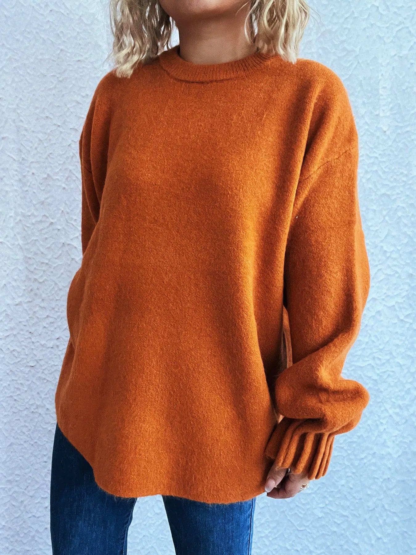 Round Neck Dropped Shoulder Sweater OutfitFlow