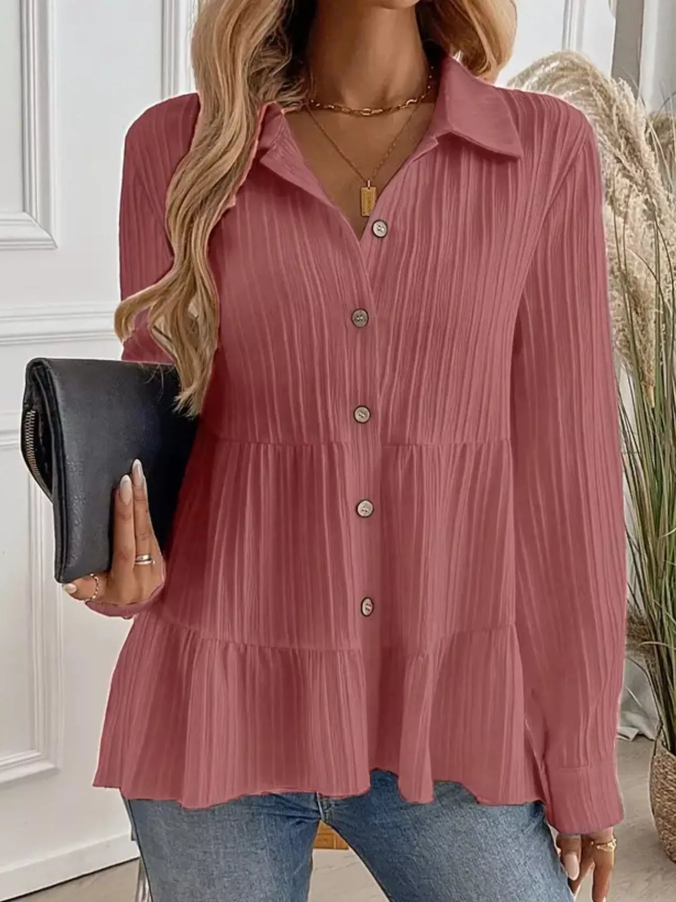 Button-Down Long Sleeve Tiered Shirt OutfitFlow