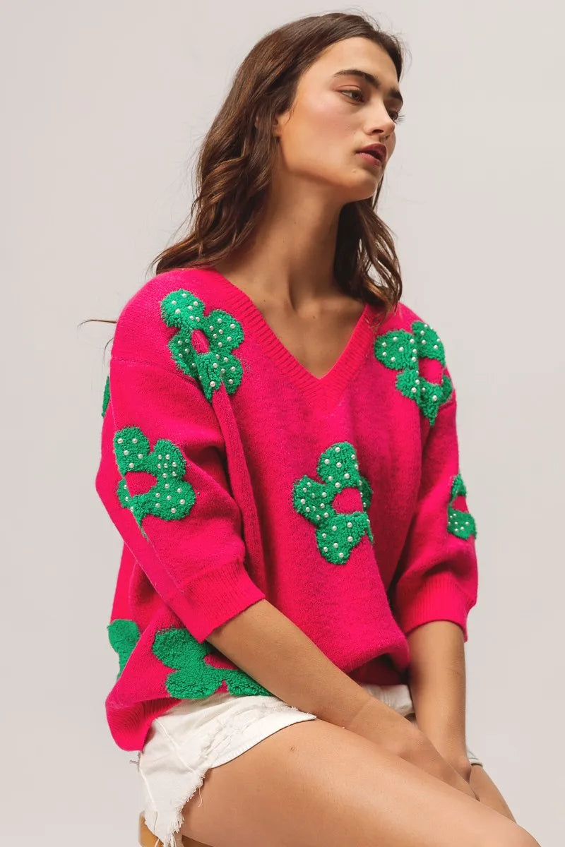 BiBi Pearl Beads Flowers Sweater Top OutfitFlow