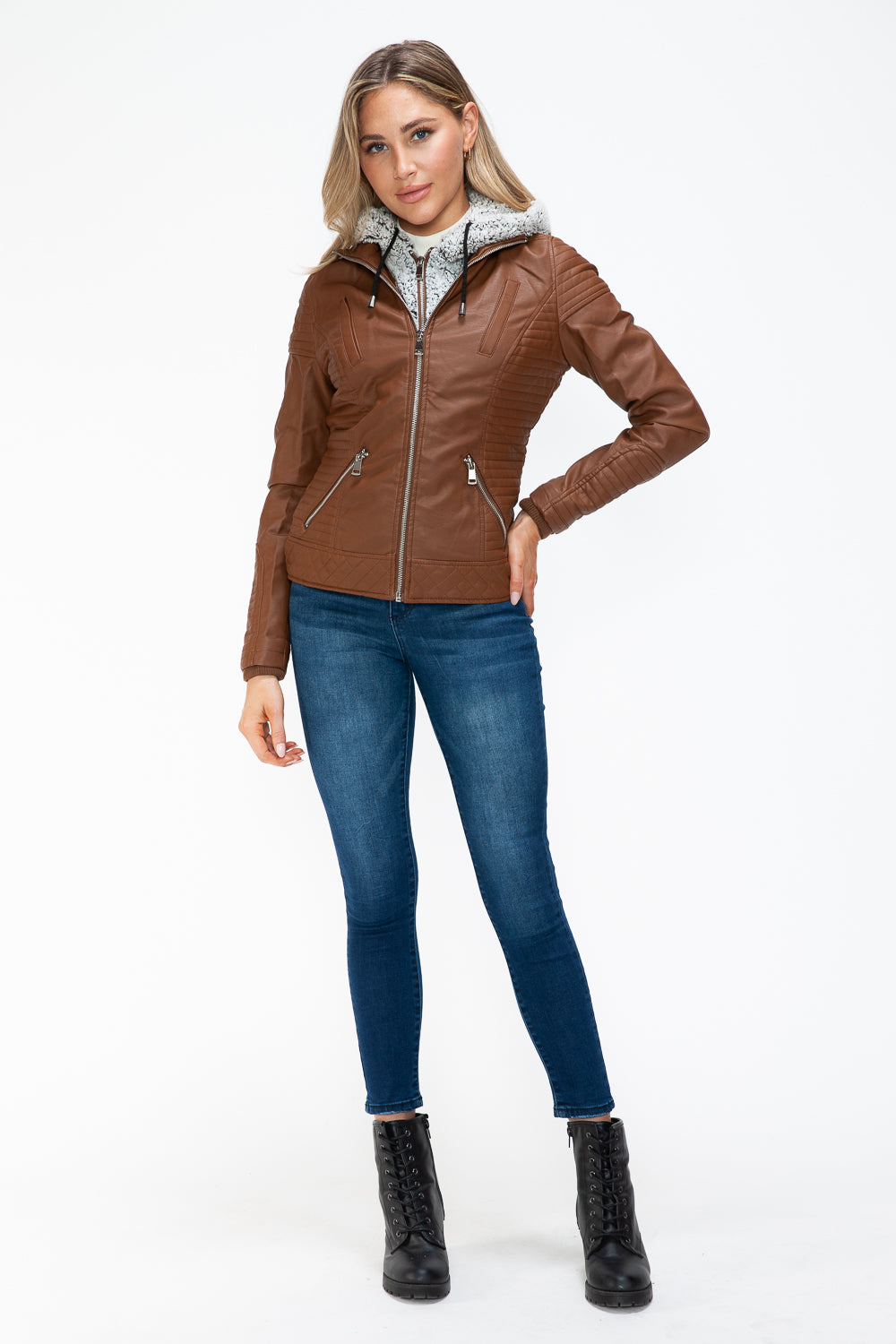 Outfit Flow - YMI Faux Layered Double-Zipper Jacket with Fuzzy Hood