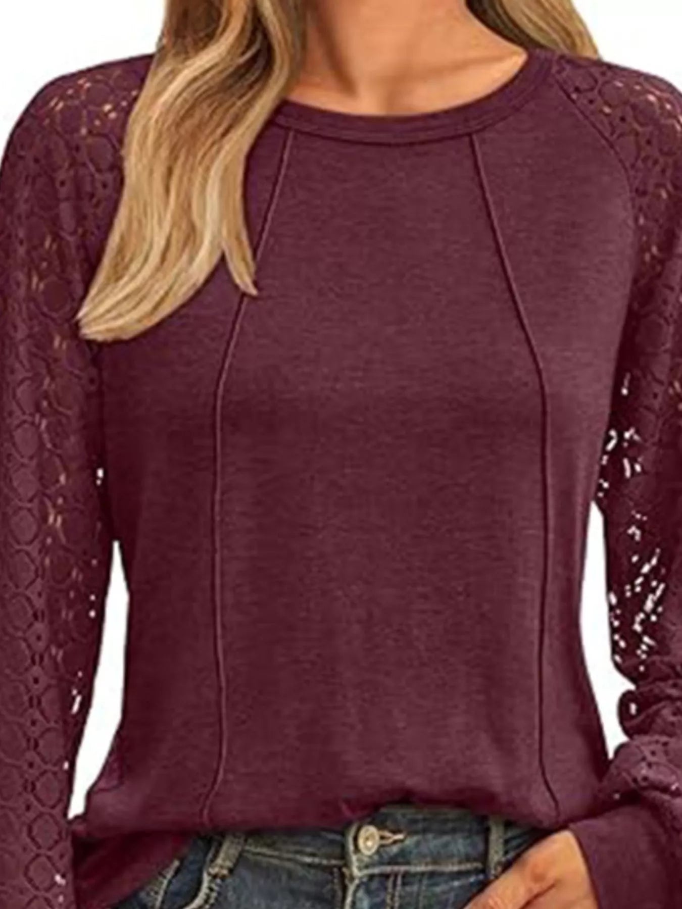 Round Neck Lace Sleeve Blouse OutfitFlow