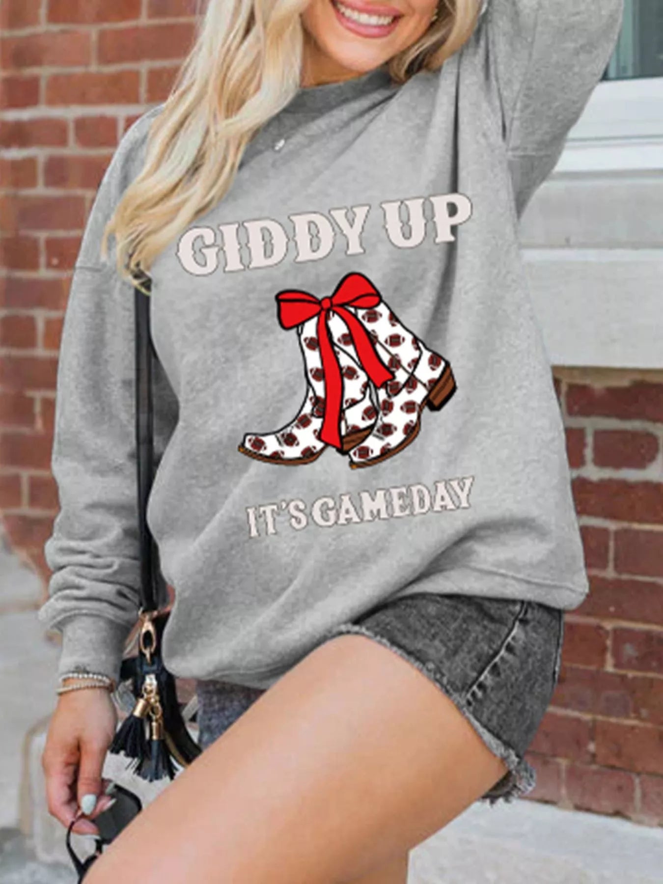 GIDDY UP ITS GAME DAY Cowgirl Boots Graphic Sweatshirt OutfitFlow