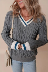 Cable-Knit V-Neck Long Sleeve Sweater Trendsi