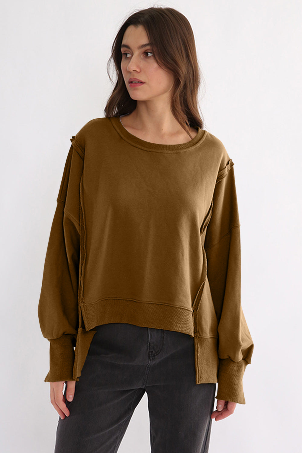 Outfit Flow - Exposed Seam High-Low Long Sleeve Sweatshirt