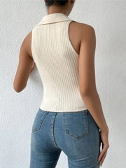 Ribbed Knit Sleeveless Polo Collar Tank Top OutfitFlow