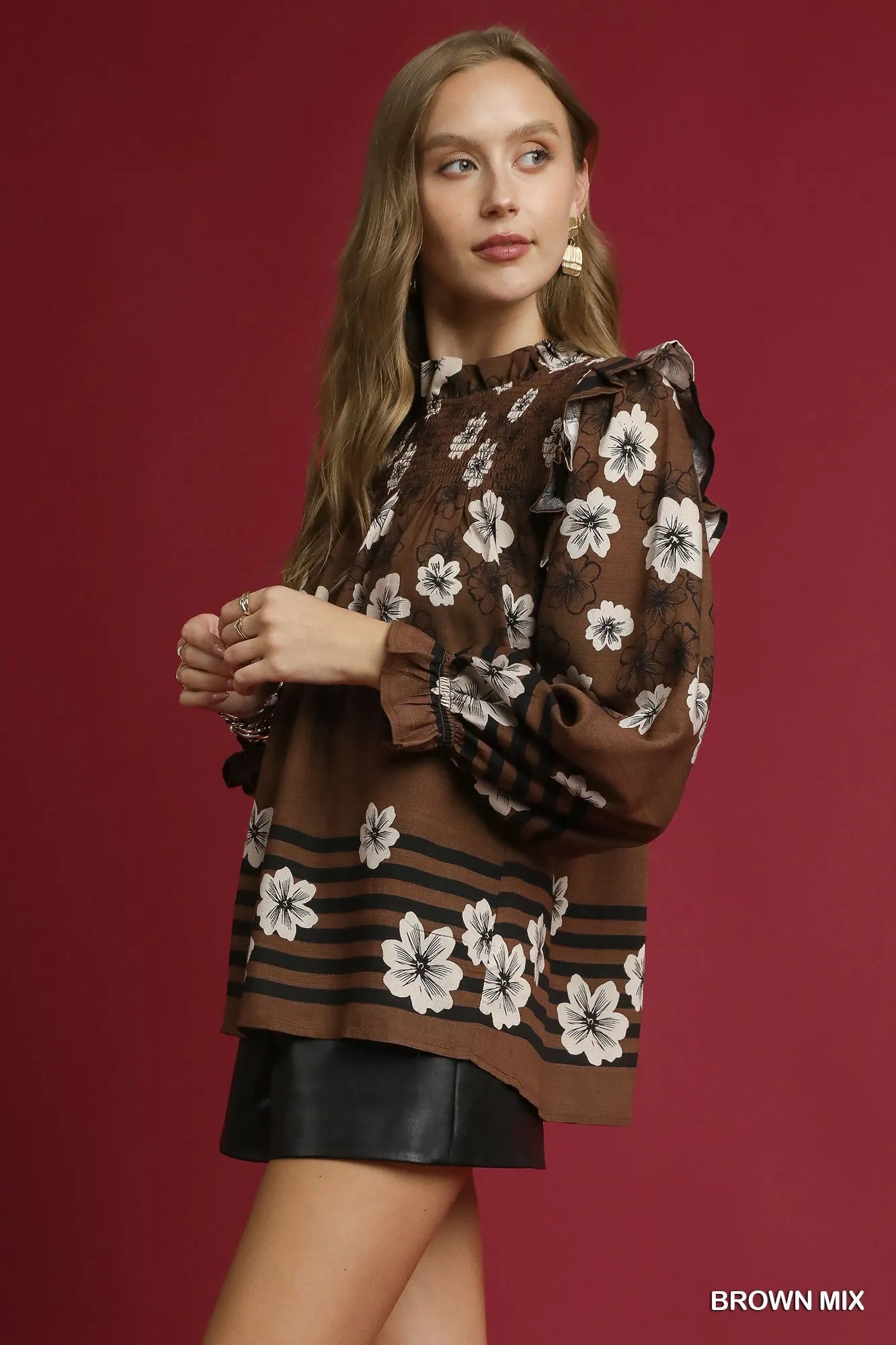 Umgee Full Size Mix Floral Smocked Ruffle Blouse Plus Size Trendsi