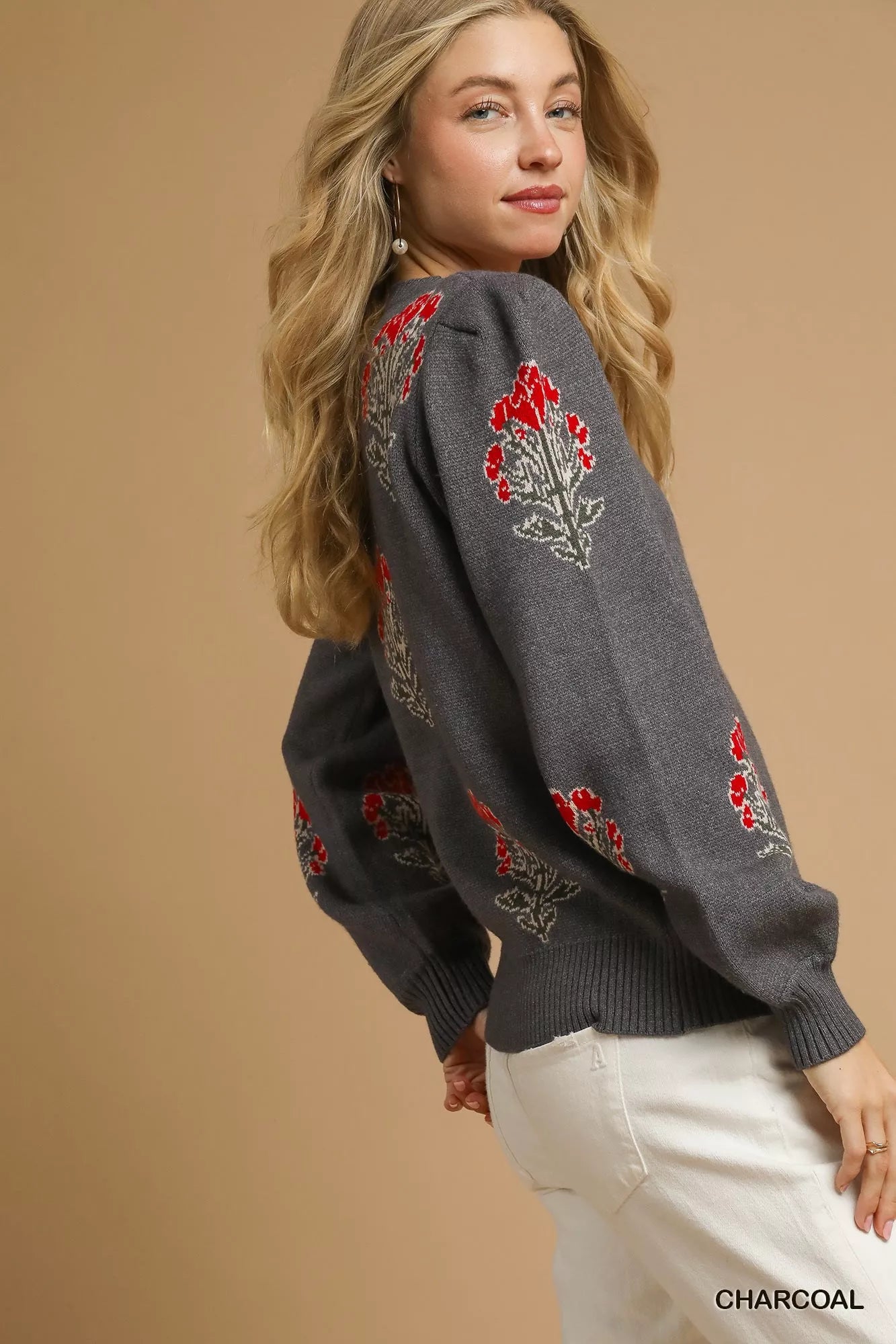 Umgee Single Flower Stem Jacquard Sweater OutfitFlow