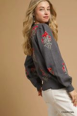 Umgee Single Flower Stem Jacquard Sweater OutfitFlow