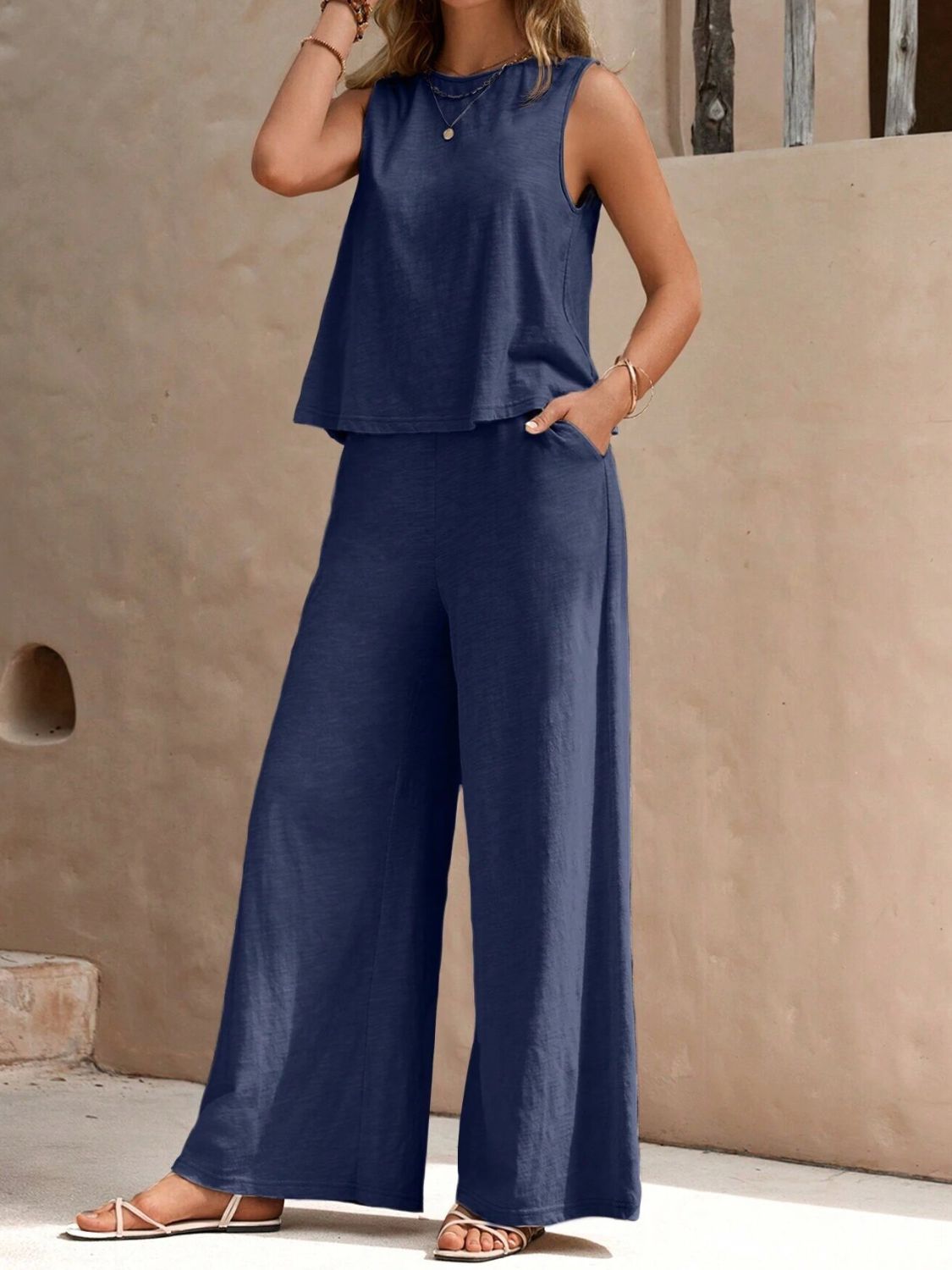 Outfit Flow - Round Neck Sleeveless Top and Wide Leg Pants Set