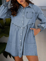 Smocked Cuffs Flared Denim Shirt Mini Dress Trendsi