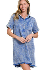 Zenana Tencel Mineral Washed Collared Shirts Dress OutfitFlow