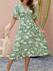 Printed V-Neck Flutter Sleeve Midi Dress OutfitFlow