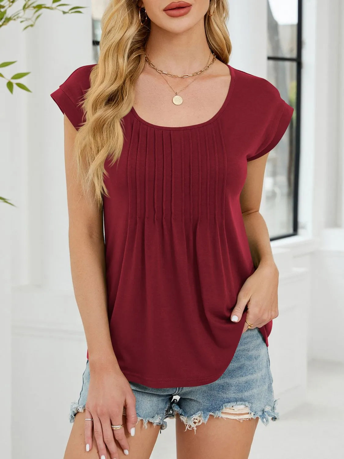 Pleated Front Scoop Neck T-Shirt OutfitFlow