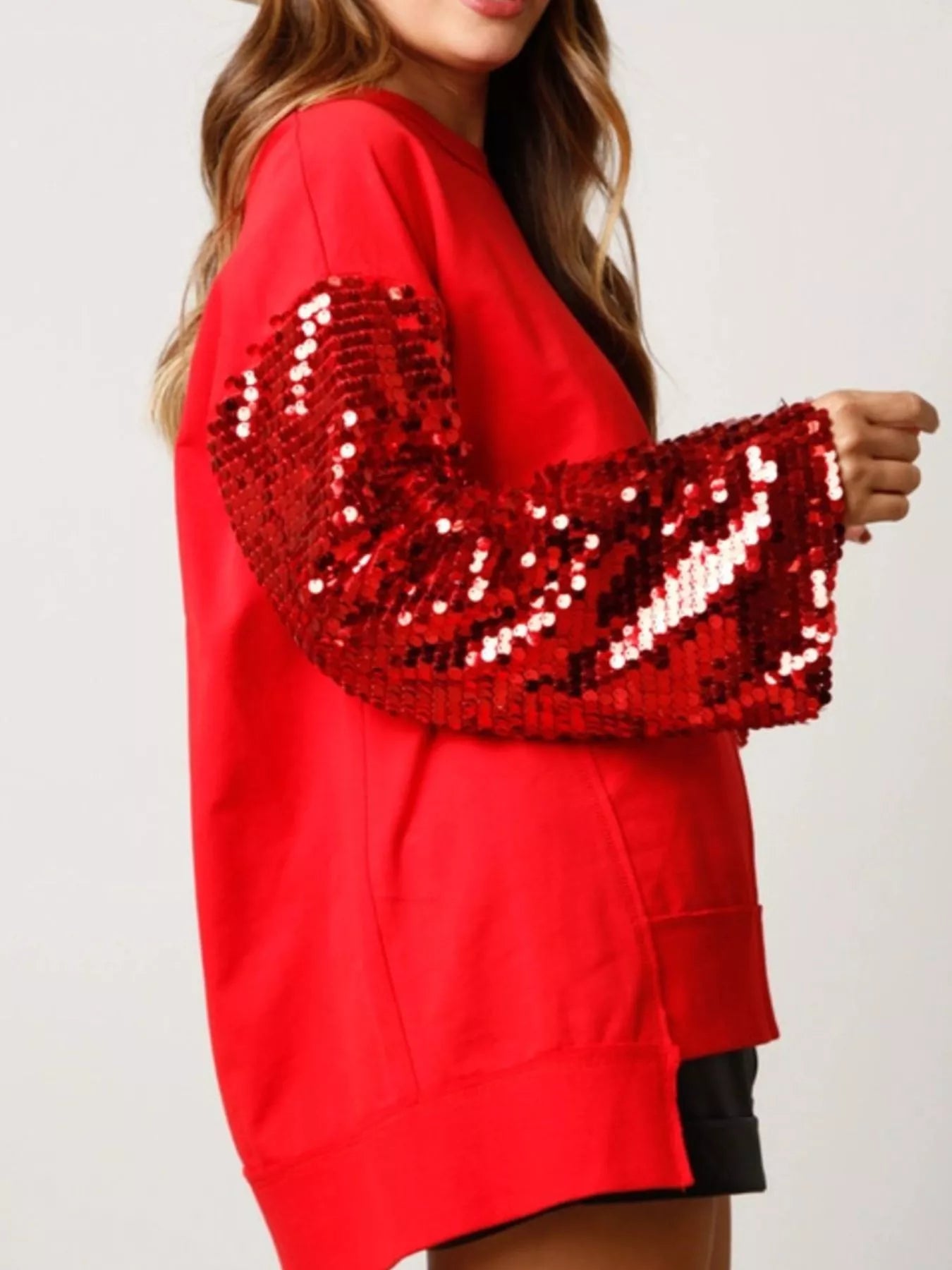 Sequin Long Sleeve Round Neck Sweatshirt OutfitFlow