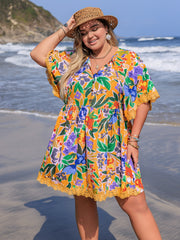 Plus Size Lace Detail Printed Tie Neck Half Sleeve Dress Gold OutfitFlow