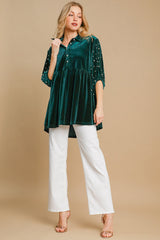 Outfit Flow - Umgee Pearl Detail Half Sleeve Velvet Babydoll Blouse