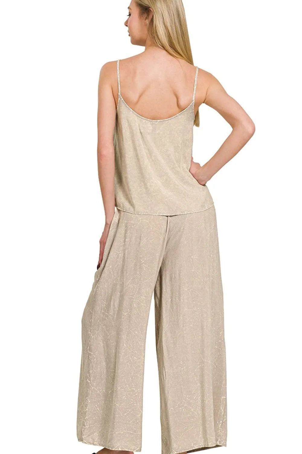 Zenana Woven Acid Crinkle Washed Cami & Pants 2 Piece Set OutfitFlow