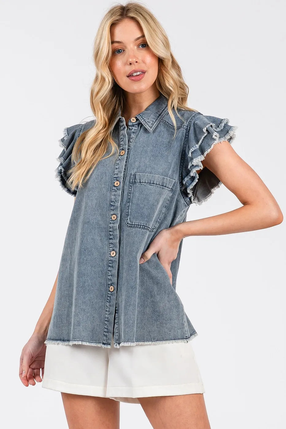 Mittoshop Washed Denim Ruffle Short Sleeve Collared Shirt OutfitFlow