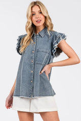Mittoshop Washed Denim Ruffle Short Sleeve Collared Shirt OutfitFlow