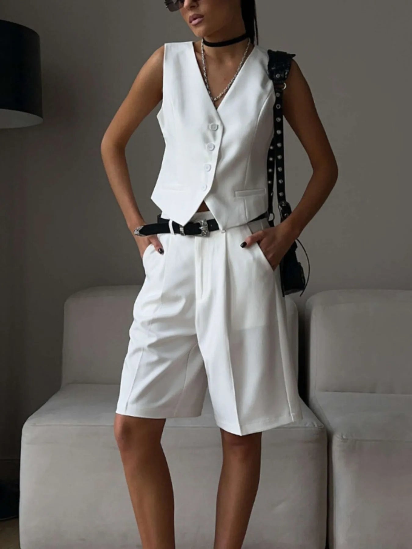 V-Neck Vest and Pants Two-Piece Blazer Set OutfitFlow