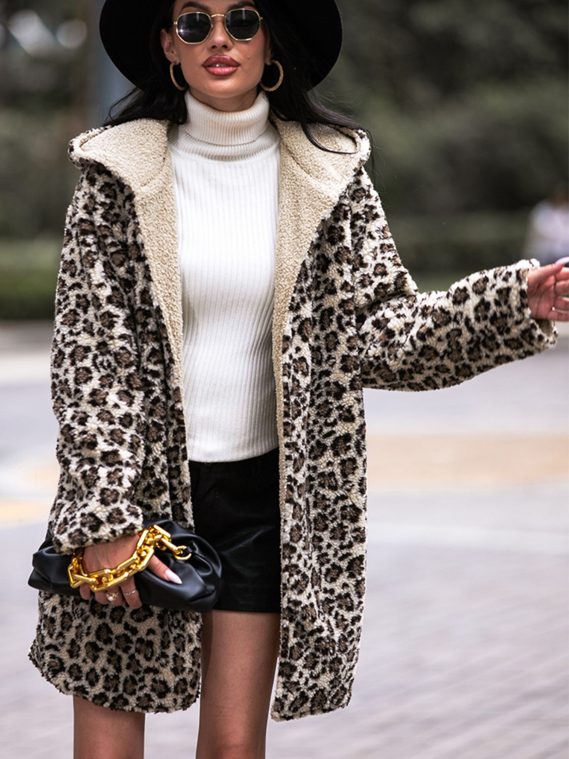 Shiny Leopard Print Hooded Teddy Coat OutfitFlow