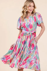 Lime 'N' Chili Watercolor Print Tie Front Midi Dress OutfitFlow