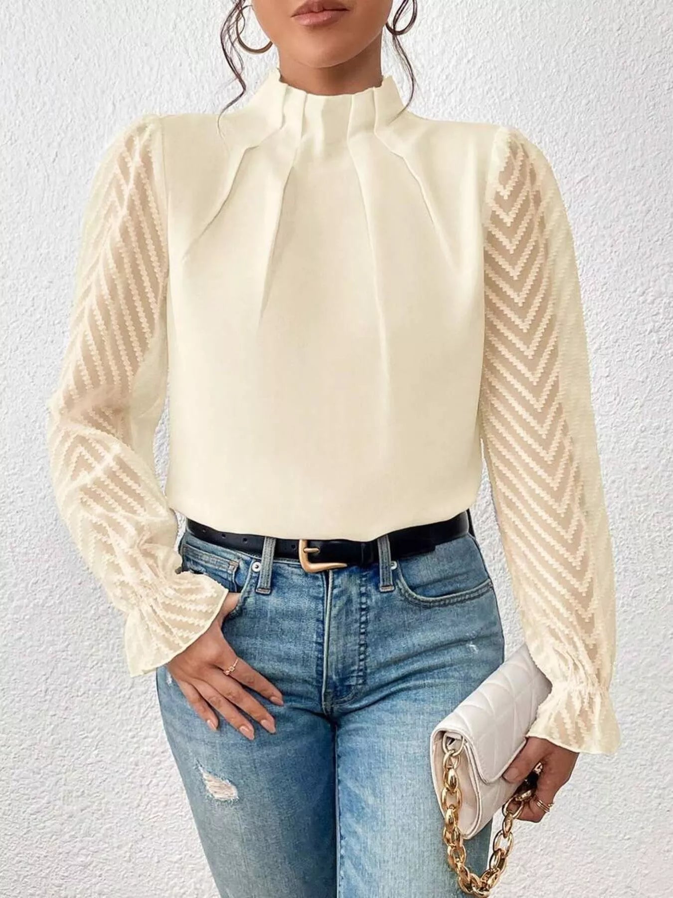 Mock Neck Sheer Lace Sleeve Blouse Creamy-white OutfitFlow
