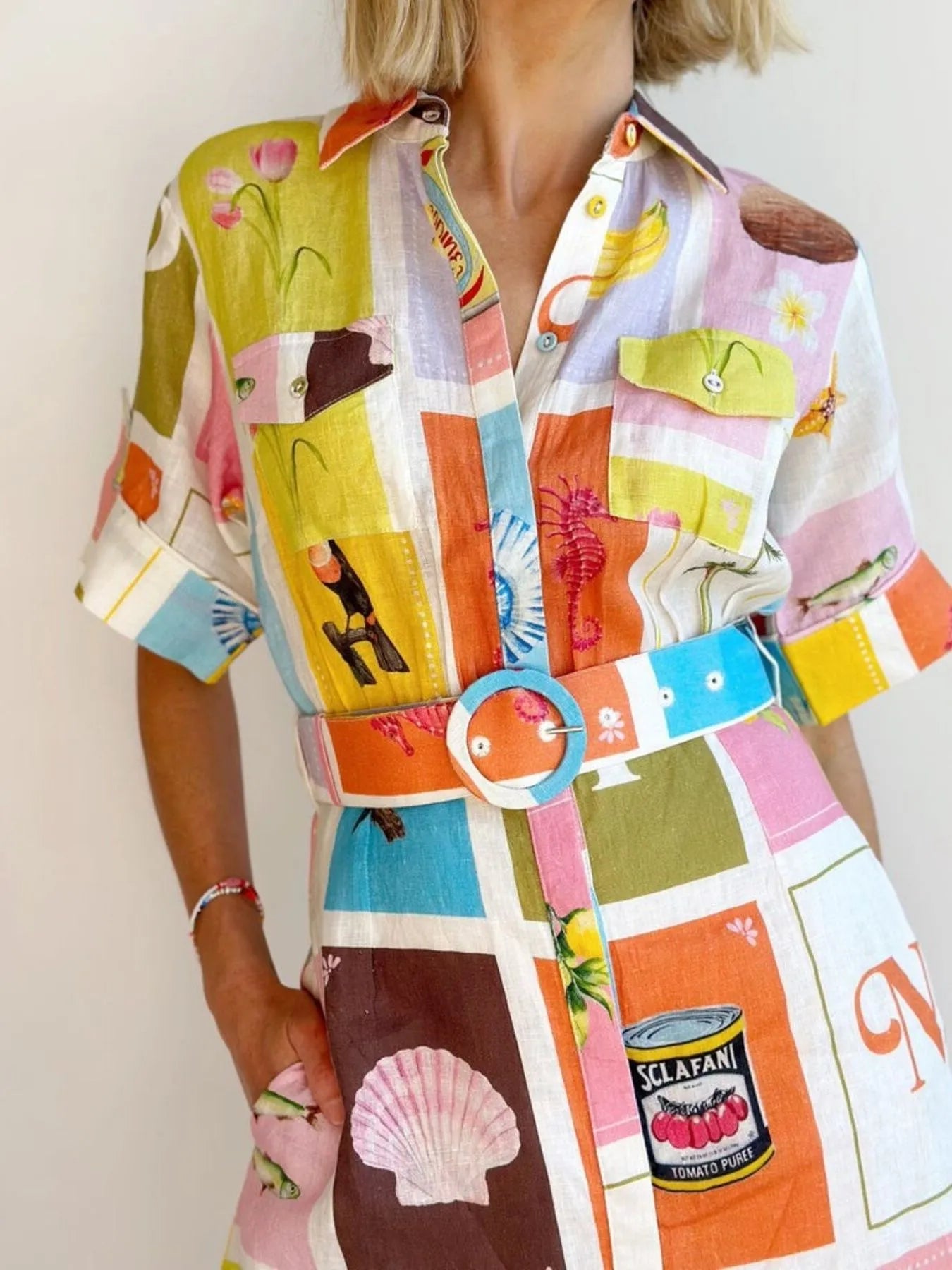 Printed Short Sleeve Shirt Dress Multicolor OutfitFlow