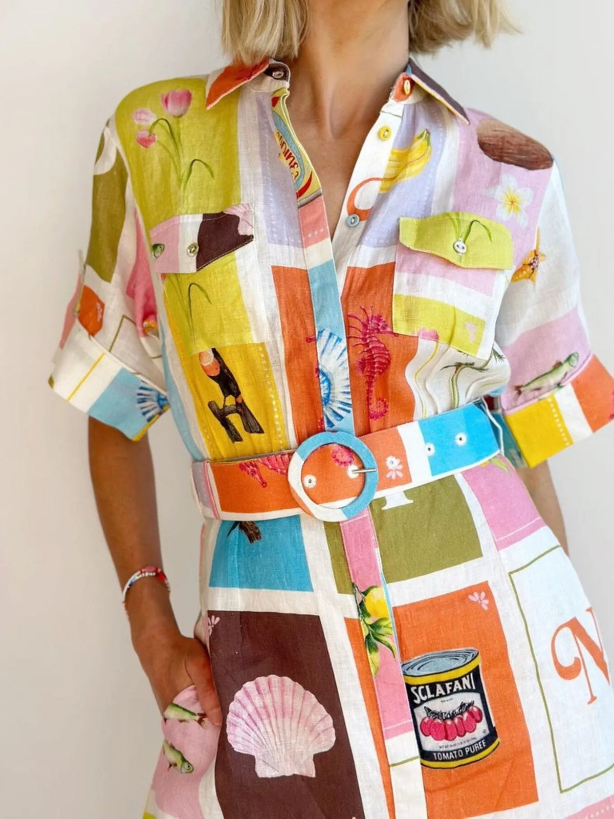 Printed Short Sleeve Shirt Dress Multicolor OutfitFlow